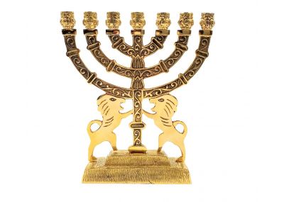 Brass lions holding menorah 7 branches