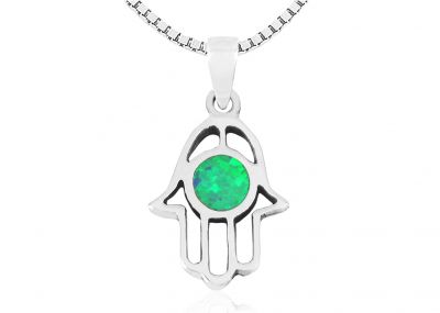 Silver Hamsa pendant set with opal