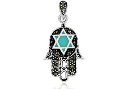 Silver Hamsa Pendant Set With Turquoise