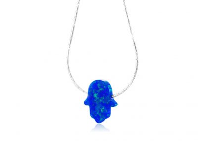 Hamsa Hand Blue Opal Pendant  + Sterling Silver Necklace 