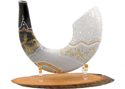 Painted Ram's Shofar Features King David's Lyre