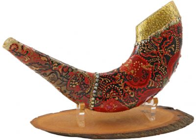 Ram's Horn Hand-Painted Shofar - Pomegranate & Fish Design