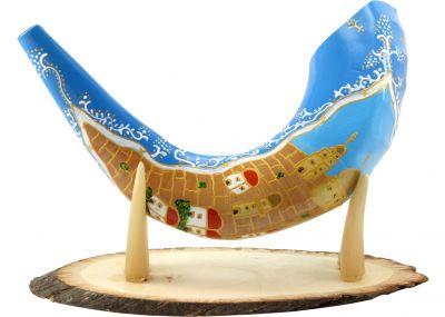 Painted Ram's Shofar Features The Old City of Jerusalem